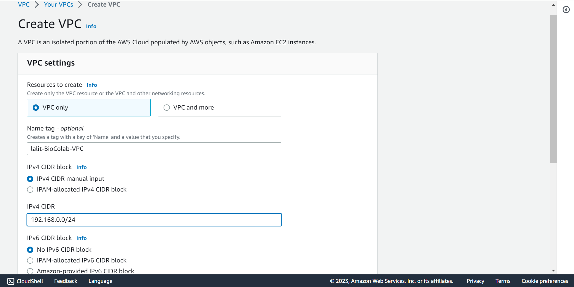 Create VPC fill